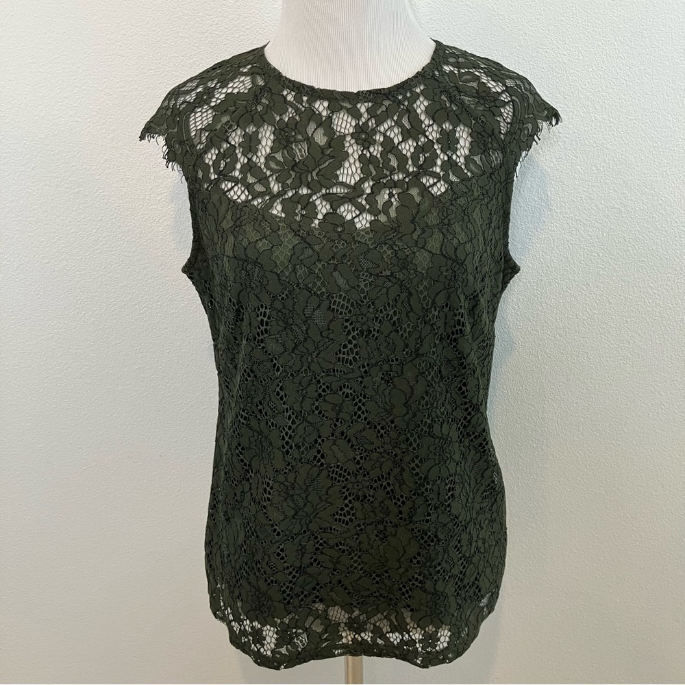 Olive Green Lace Cap Sleeve Top - Picture 2 of 11